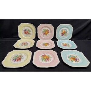 Set Of 9 Johnson Brothers Fruit Square Salad Plates 7.75” Pastel Colors England